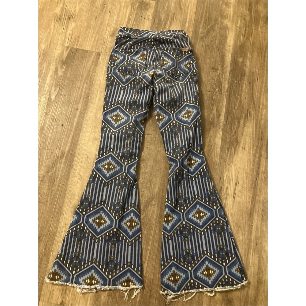 Rock & Roll Denim Bell Jeans Womens 24 30" Inseam Blue Flare Aztec Print - Picture 3 of 12